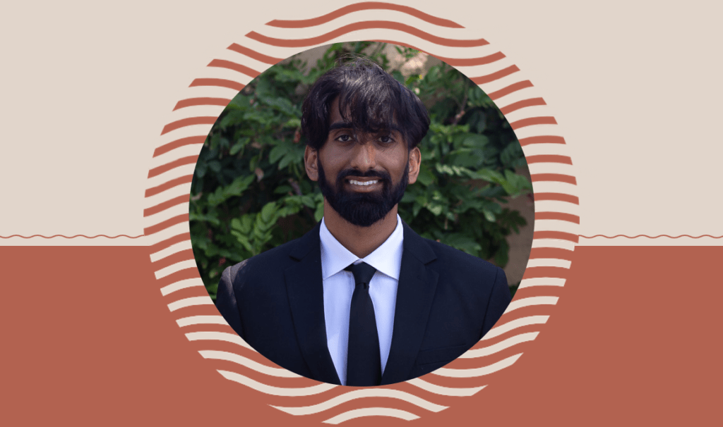 Photo of Rizing Tide scholar, Sanwal Dilshad, who's smiling, dressed in a suit and tie and standing in front of leafy foliage. Behind the photo is a terracotta orange and beige background with a circle made of wavy lines.