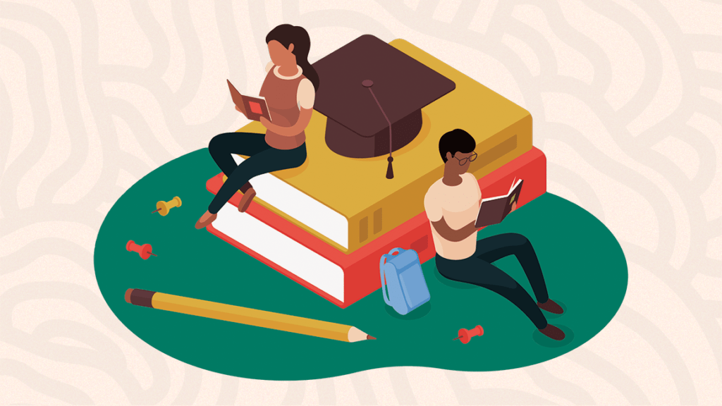 illustration of two students sitting on oversized books and reading