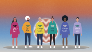 Six hand-drawn people of different races and ethnicities stand in front of an abstract orange and blue background