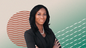 Professional headshot of Dr Moyo Tillery in front of a stylized green and orange background