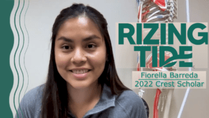 Video call still of Fiorella Barreda as she smiles next to text reading "Rizing Tide Fiorella Barreda 2022 Crest Scholar""