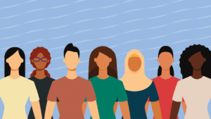 Illustrated people of different races and ethnicities standing shoulder to shoulder
