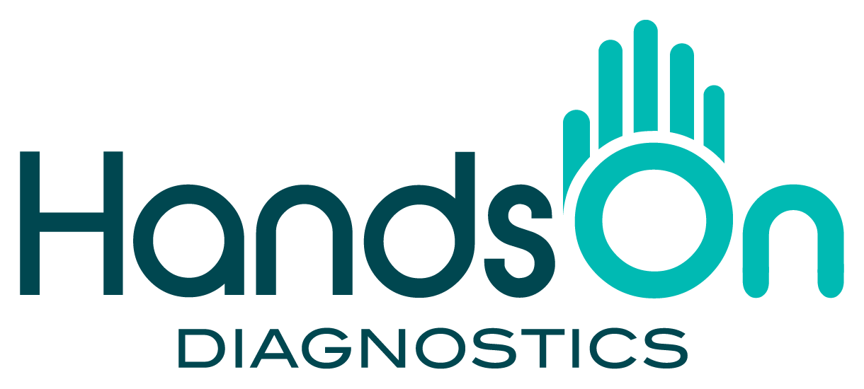Hands-On Diagnostics's teal and navy logo. The "O" in "on" is shaped like a hand.