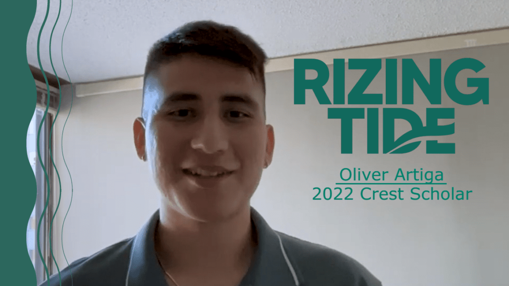 Oliver Artiga smiling while on a virtual phone call. Next to him, green text reads "Rizing Tide, Oliver Artiga, 2022 Crest Scholar"