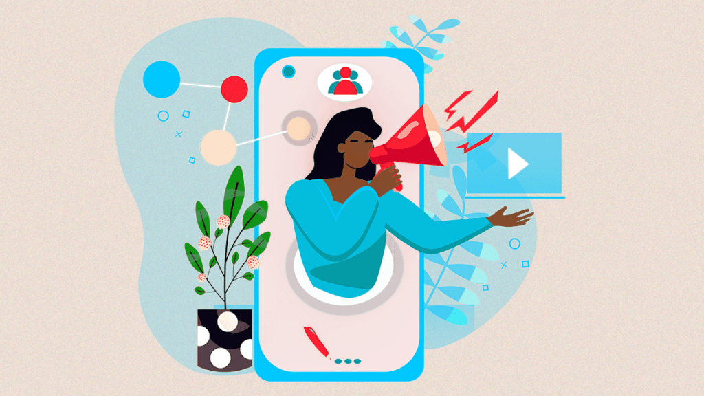 An illustrated black woman shouts into a red megaphone. She's popping out of an illustrated phone that's sitting next to a green potted plant. The background is beige with abstract blue and red accents.