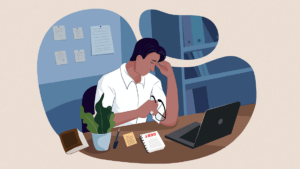Illustration of a student with short hair sitting at a desk and sadly holding his head in his hand. A notepad saying "Debt" sits on the desk in front of him.