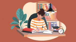 An illustrated woman with brown hair, white glasses, and a striped orange shirt, sits at a table with a stack of books, writing on a piece of paper.