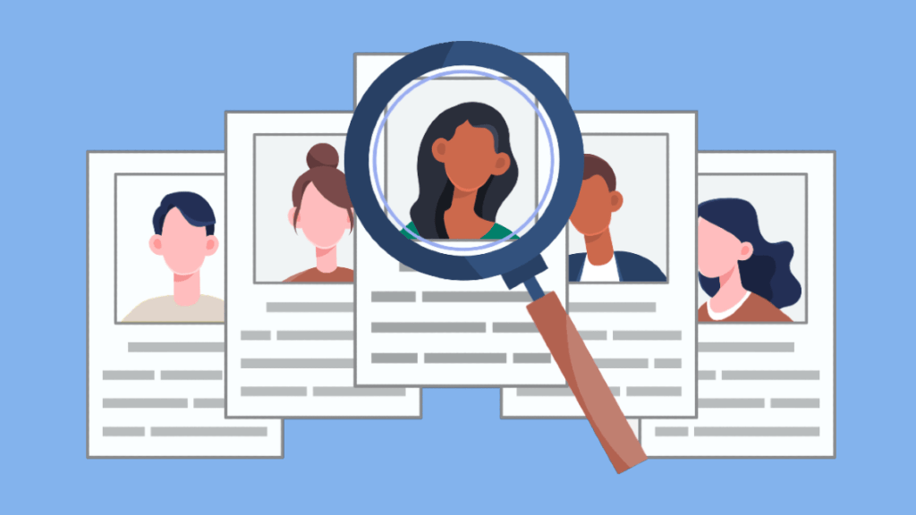 On a blue background, six illustrated resumes with photos of various people are spread out in a pyramid shape. A magnifying glass emphasizes the image of the middle applicant.
