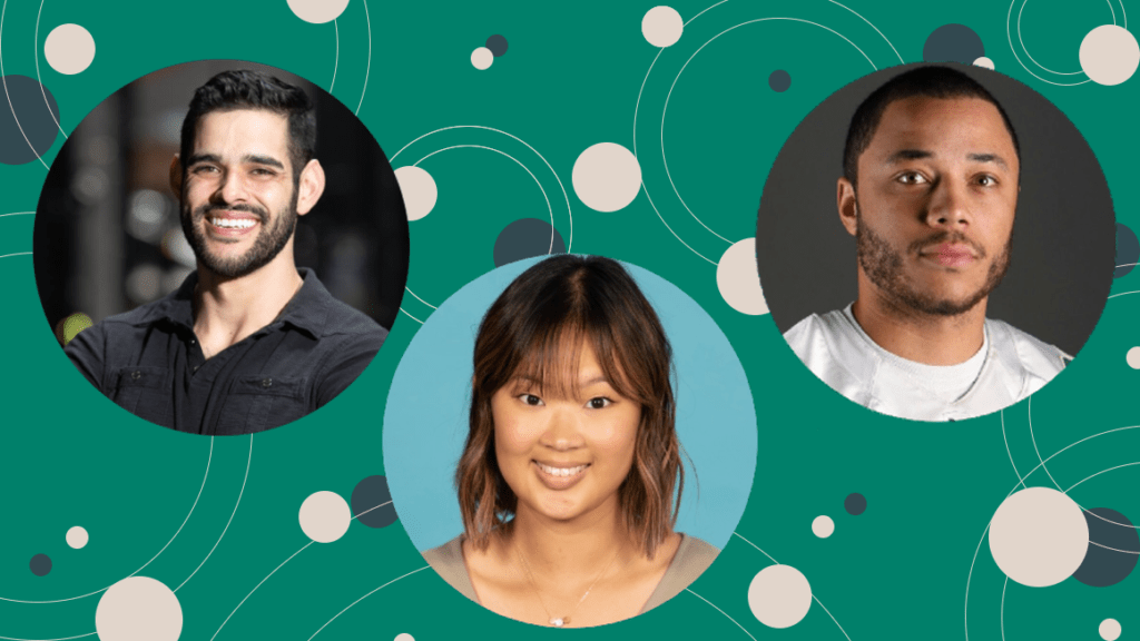 The headshots of Rizing Tide Crest scholars, Ricky Locci, Elisha Li, and Tyrell McGee sit on a green background with artistic beige and dull blue circles.