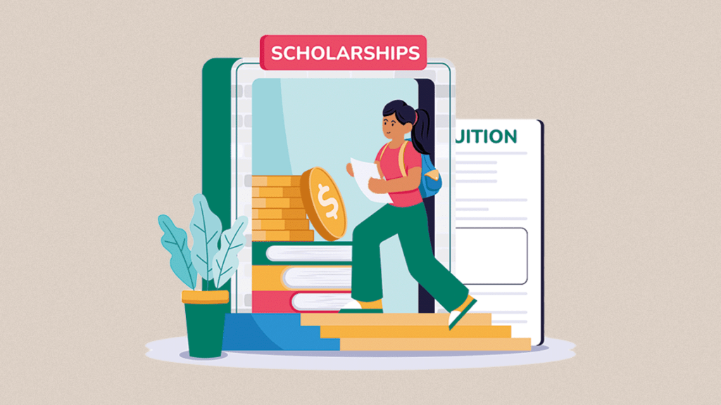 Illustration of brown-haired woman who's wearing a blue backpack and holding a stack of papers walking up steps toward a door labeled "scholarships"