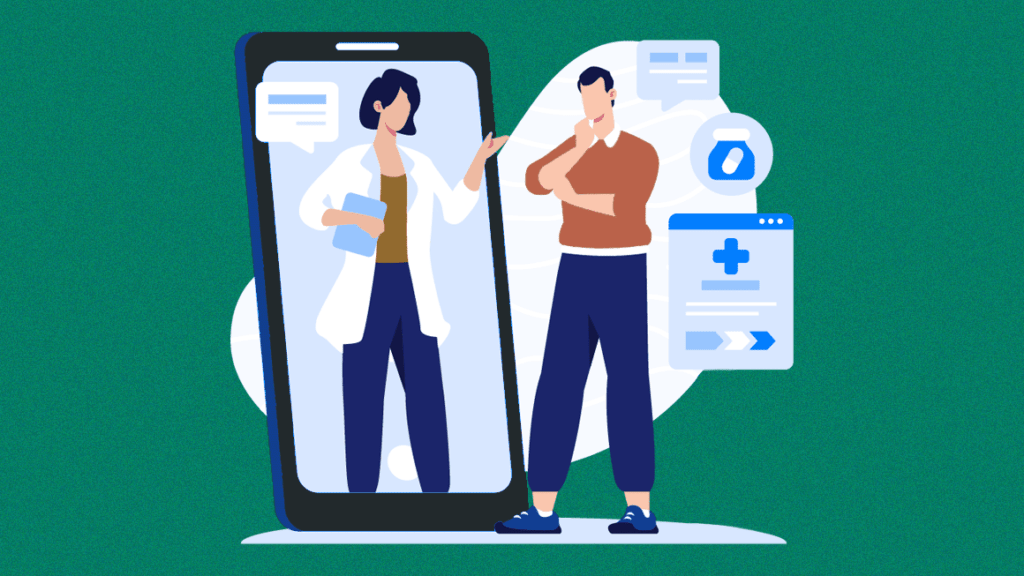 Illustration of a white medical professional with dark hair standing inside a phone while counseling a white patient with brown hair who's holding his chin thoughtfully.