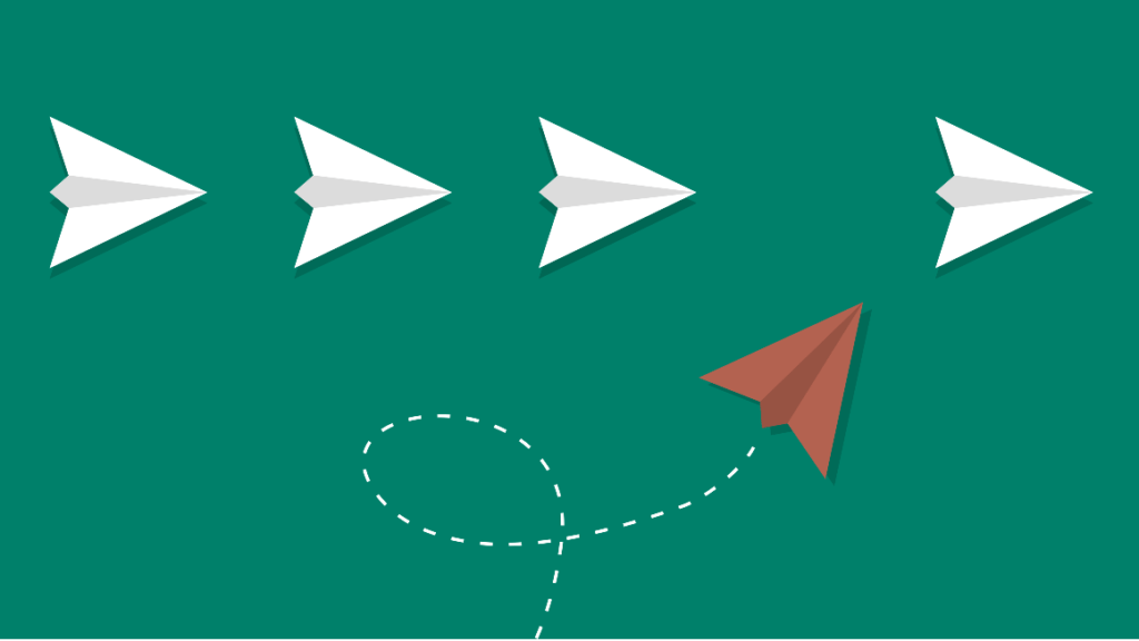 Four white paper airplanes fly in a line above a green background. A dark orange paper airplane flies in loops next to the line, leaving a dotted trail in its wake.