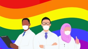 Illustration of three people in lab coats in front of a rainbow pride flag